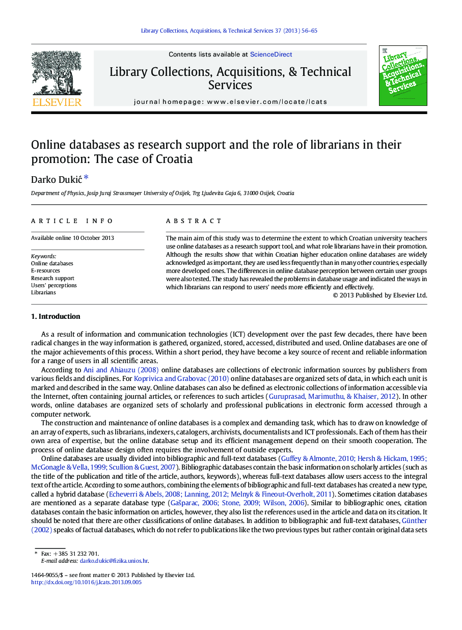 Online databases as research support and the role of librarians in their promotion: The case of Croatia