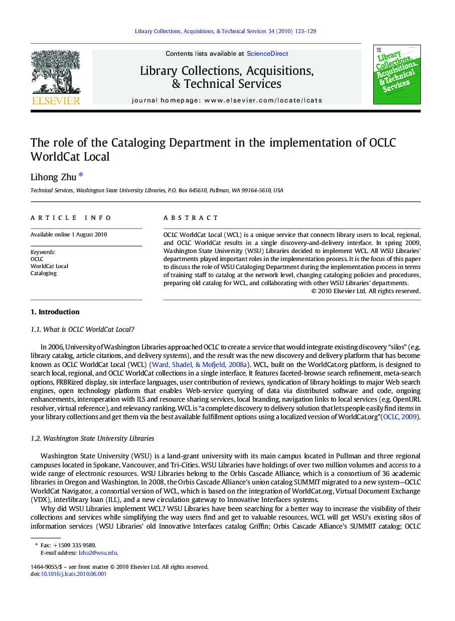 The role of the Cataloging Department in the implementation of OCLC WorldCat Local