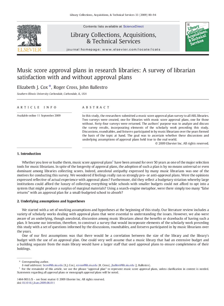 Music score approval plans in research libraries: A survey of librarian satisfaction with and without approval plans