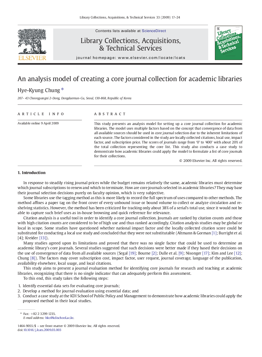 An analysis model of creating a core journal collection for academic libraries