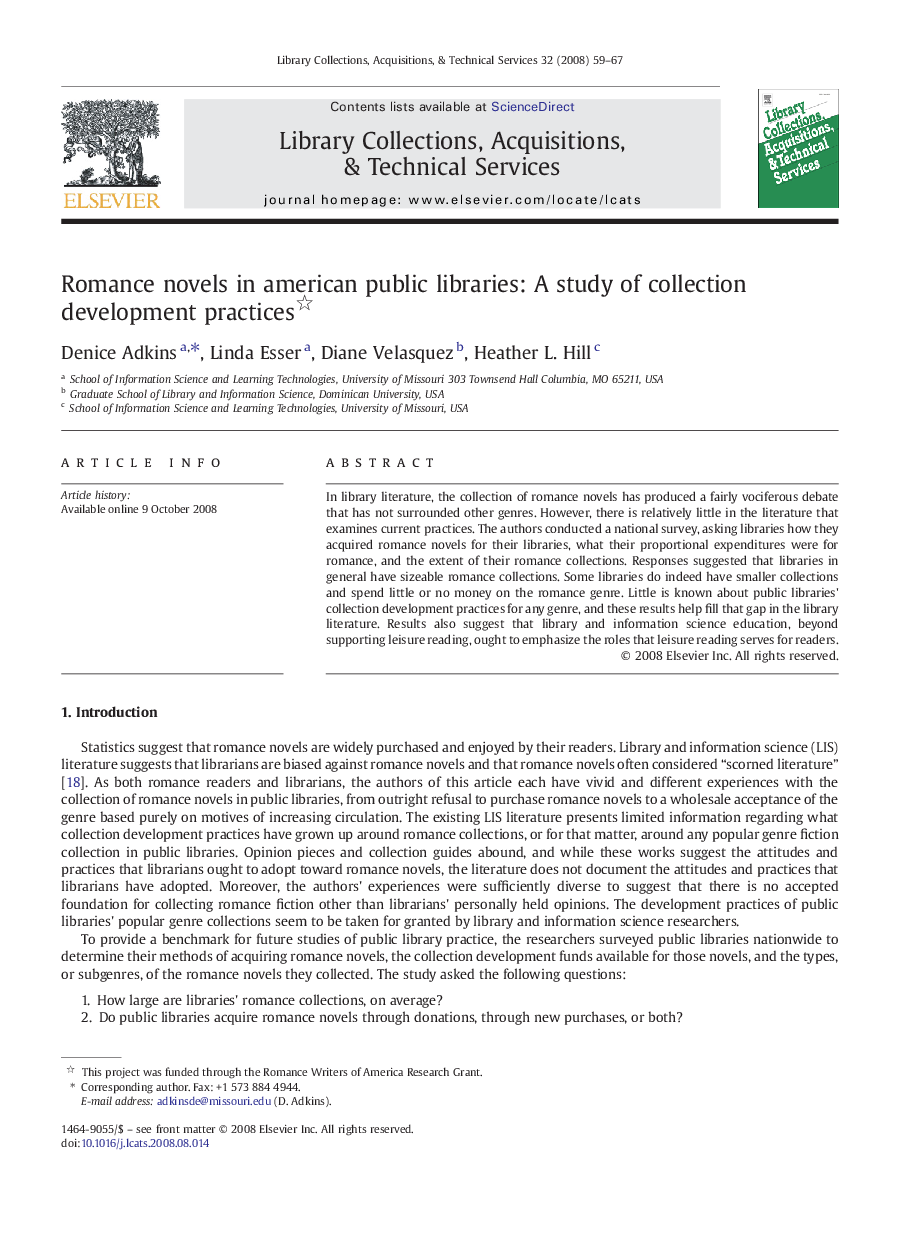 Romance novels in american public libraries: A study of collection development practices 