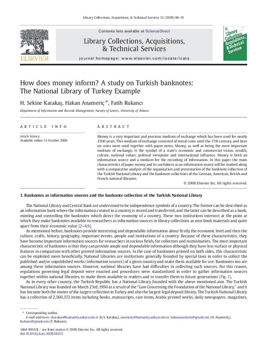 How does money inform? A study on Turkish banknotes: The National Library of Turkey Example
