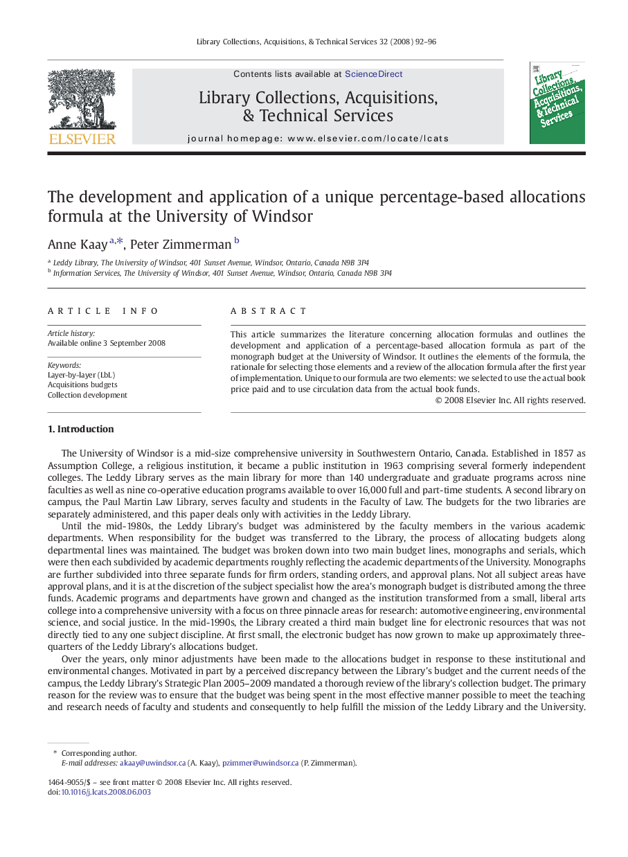 The development and application of a unique percentage-based allocations formula at the University of Windsor