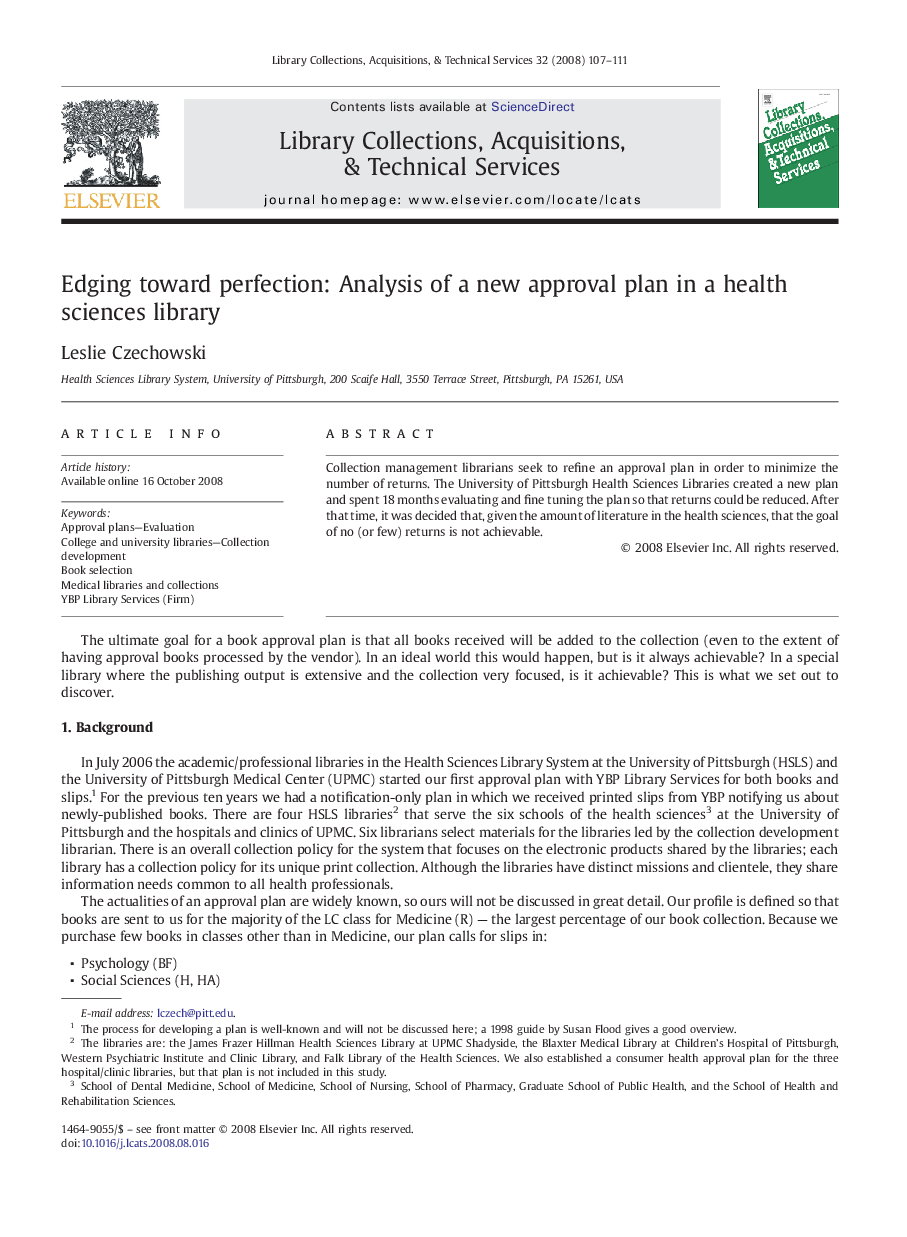 Edging toward perfection: Analysis of a new approval plan in a health sciences library