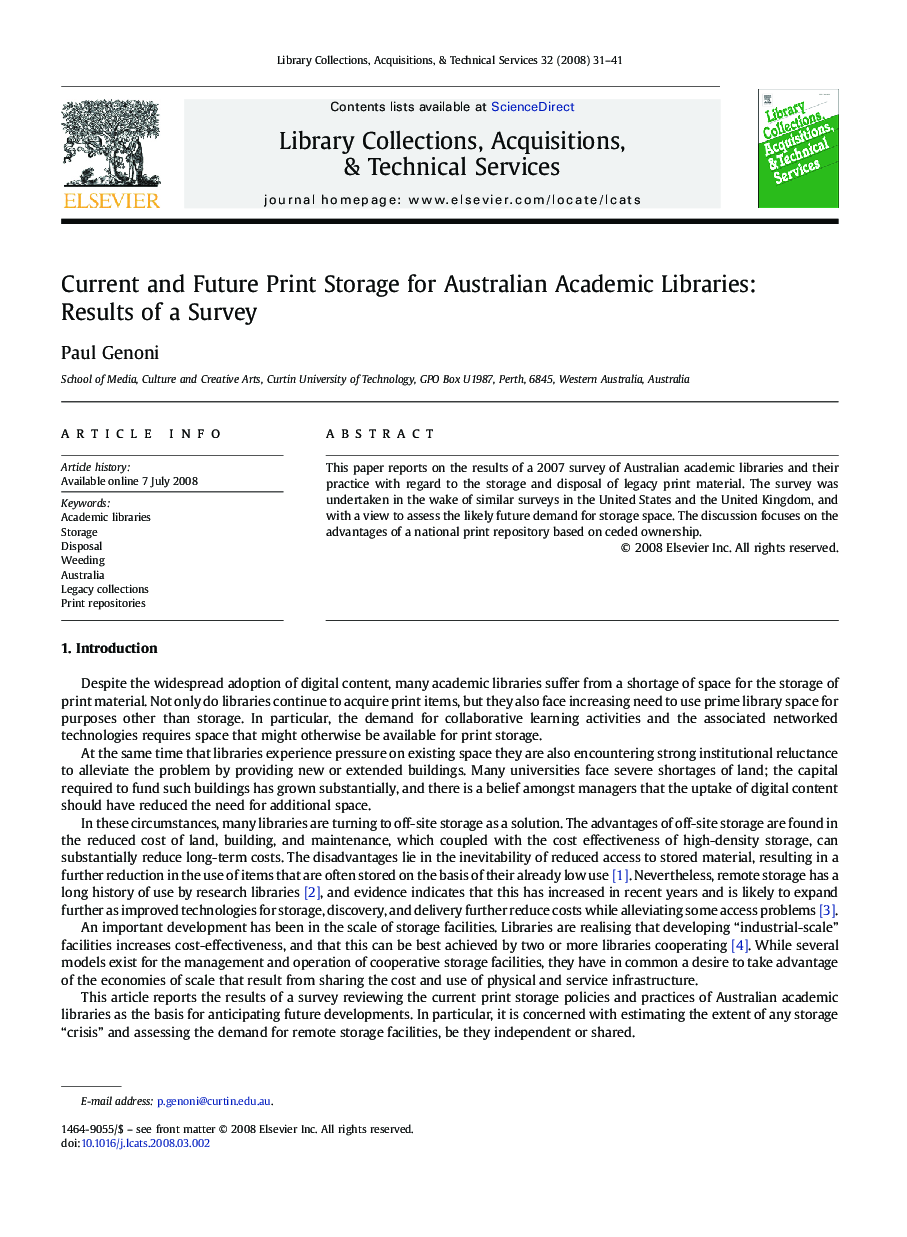 Current and Future Print Storage for Australian Academic Libraries: Results of a Survey