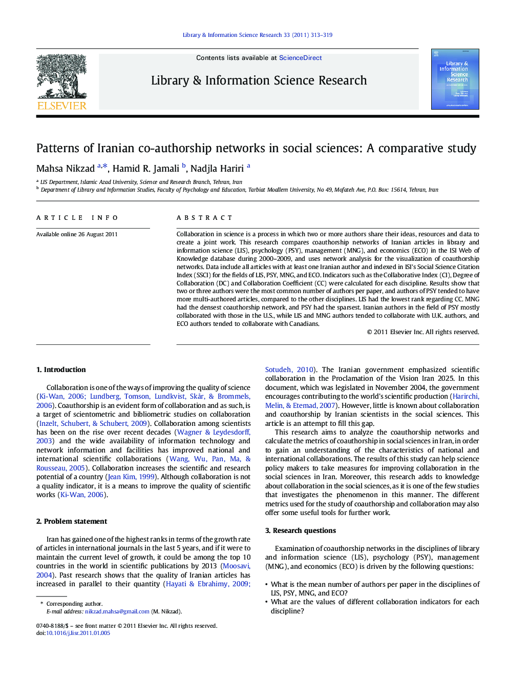 Patterns of Iranian co-authorship networks in social sciences: A comparative study