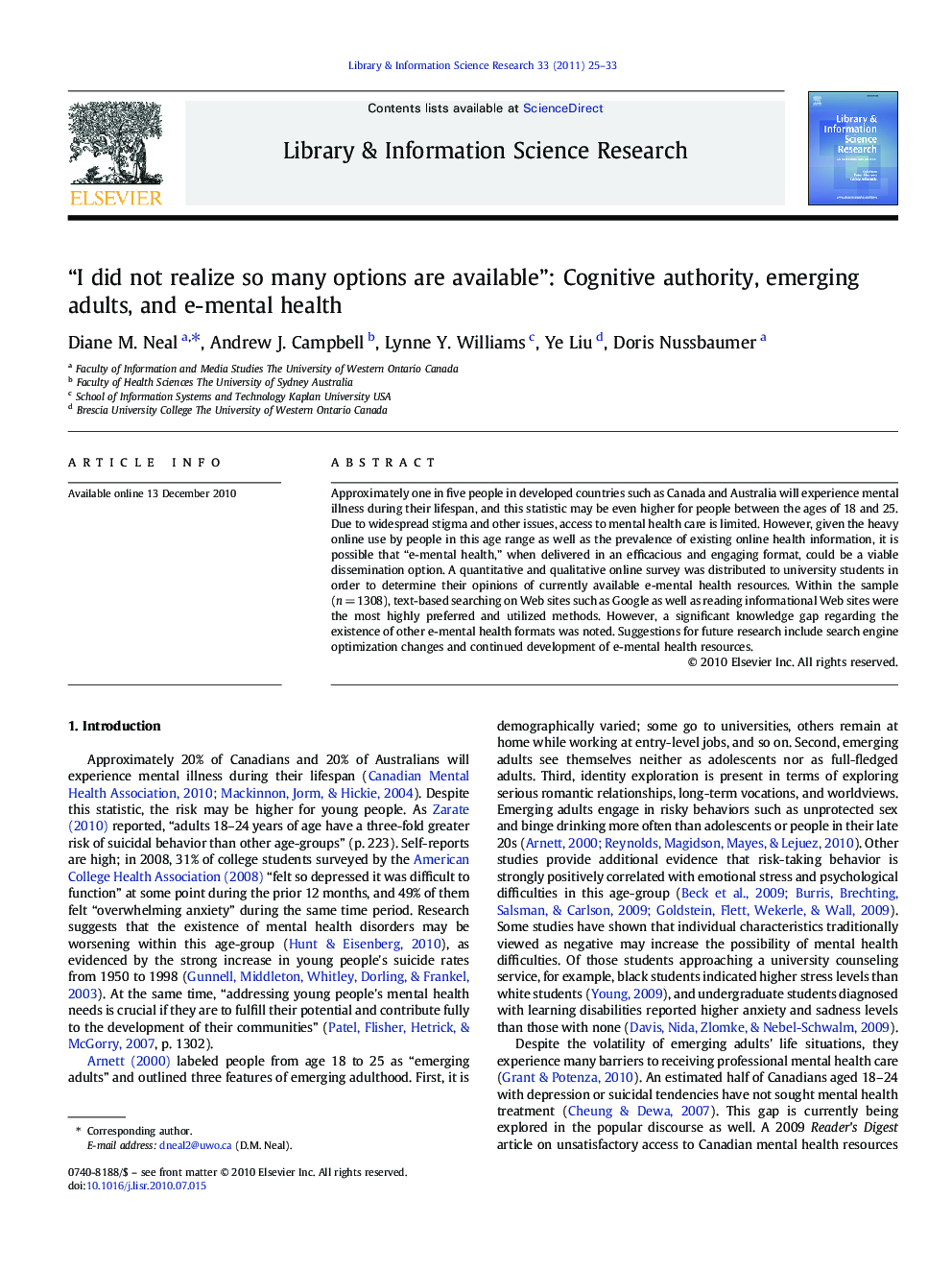 “I did not realize so many options are available”: Cognitive authority, emerging adults, and e-mental health