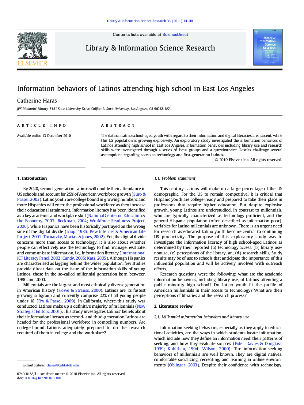 Information behaviors of Latinos attending high school in East Los Angeles