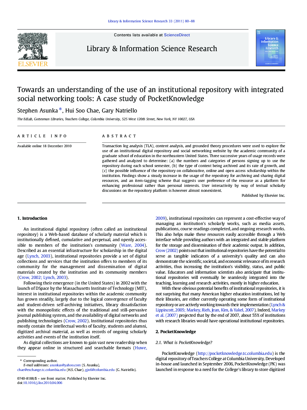 Towards an understanding of the use of an institutional repository with integrated social networking tools: A case study of PocketKnowledge