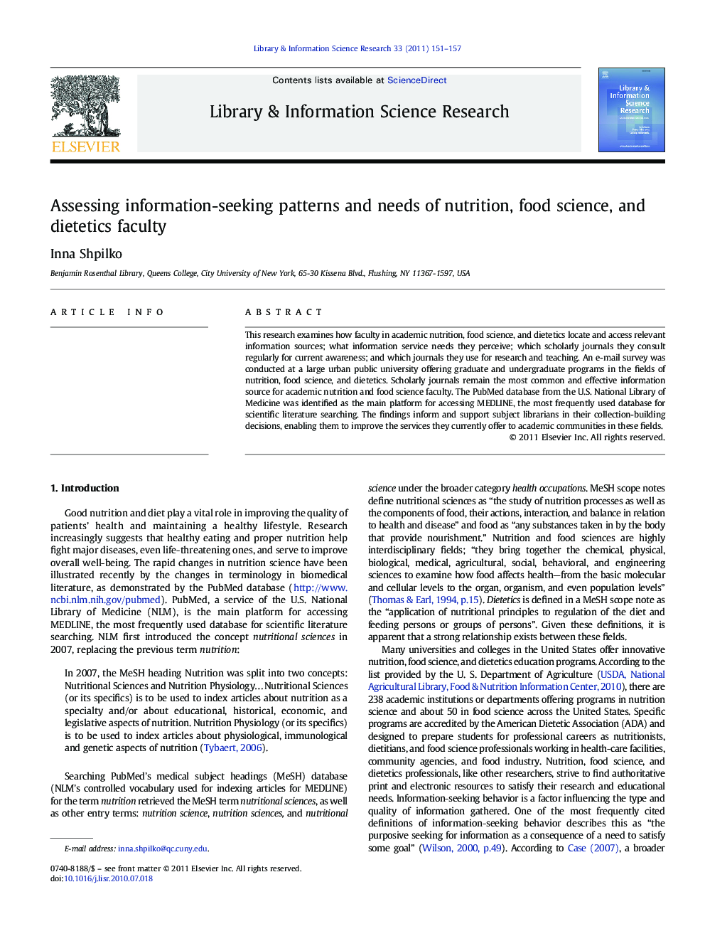 Assessing information-seeking patterns and needs of nutrition, food science, and dietetics faculty