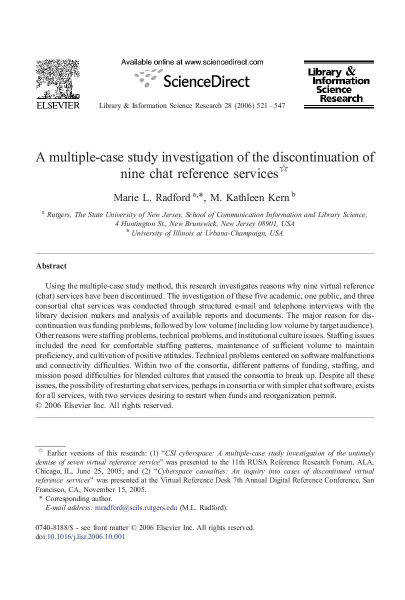 A multiple-case study investigation of the discontinuation of nine chat reference services 