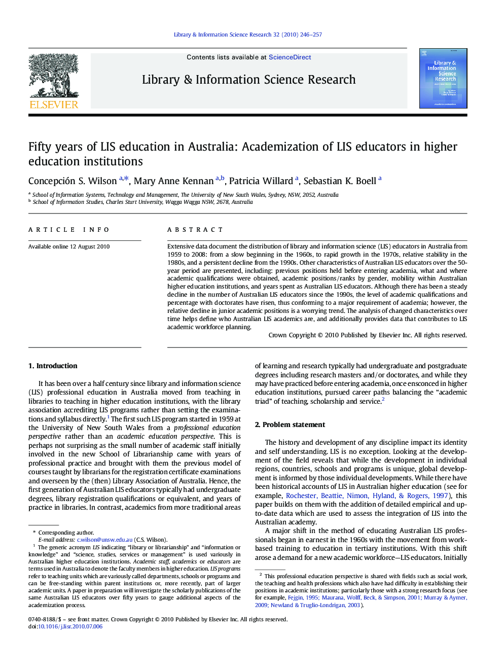 Fifty years of LIS education in Australia: Academization of LIS educators in higher education institutions