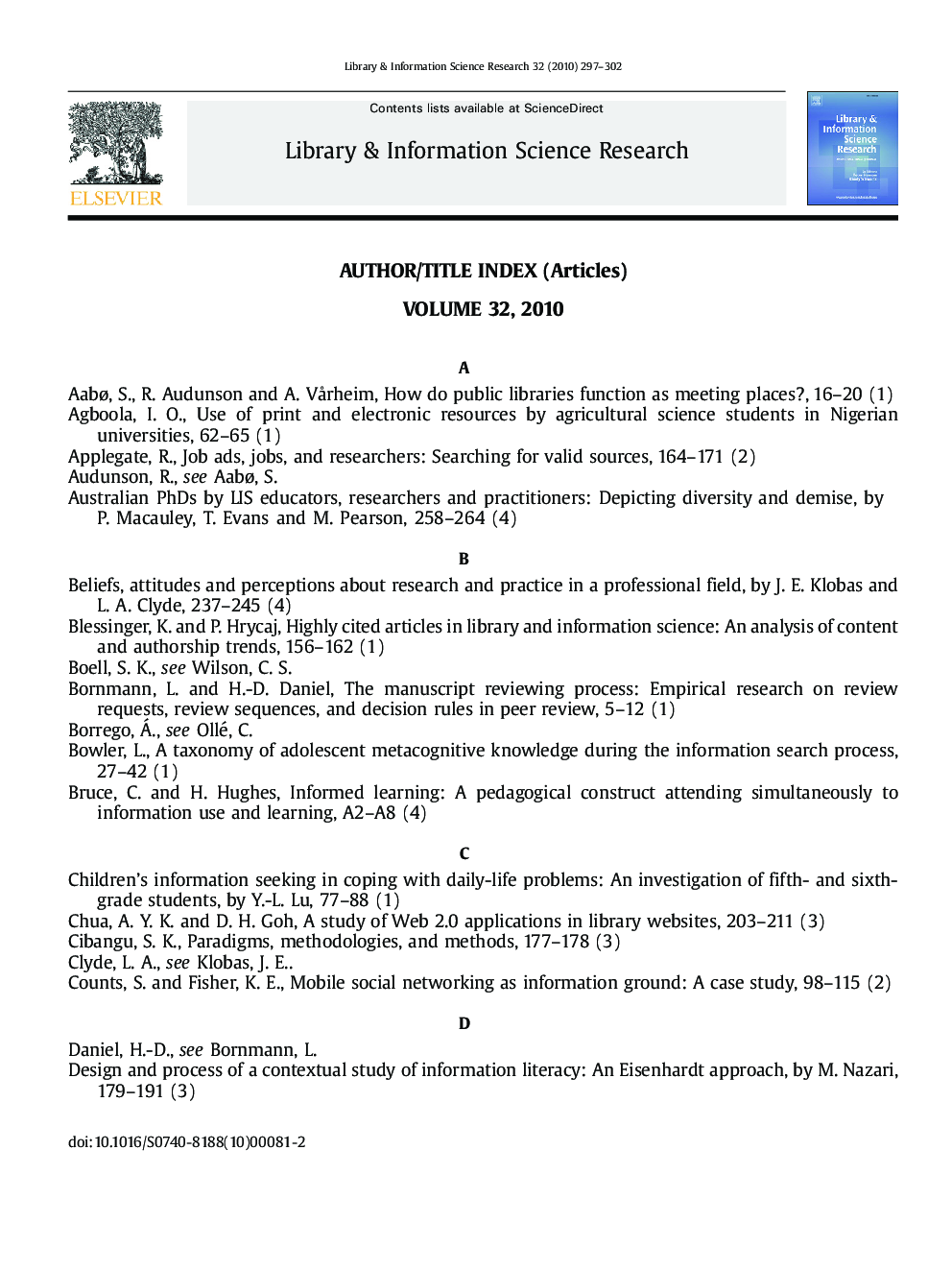 Author/Title Index, Volume 32, 2010