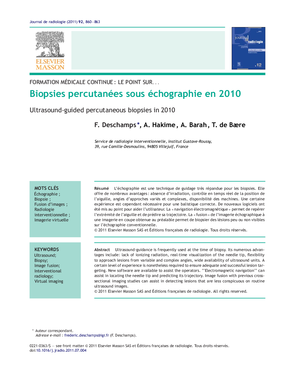 Biopsies percutanées sous échographie en 2010
