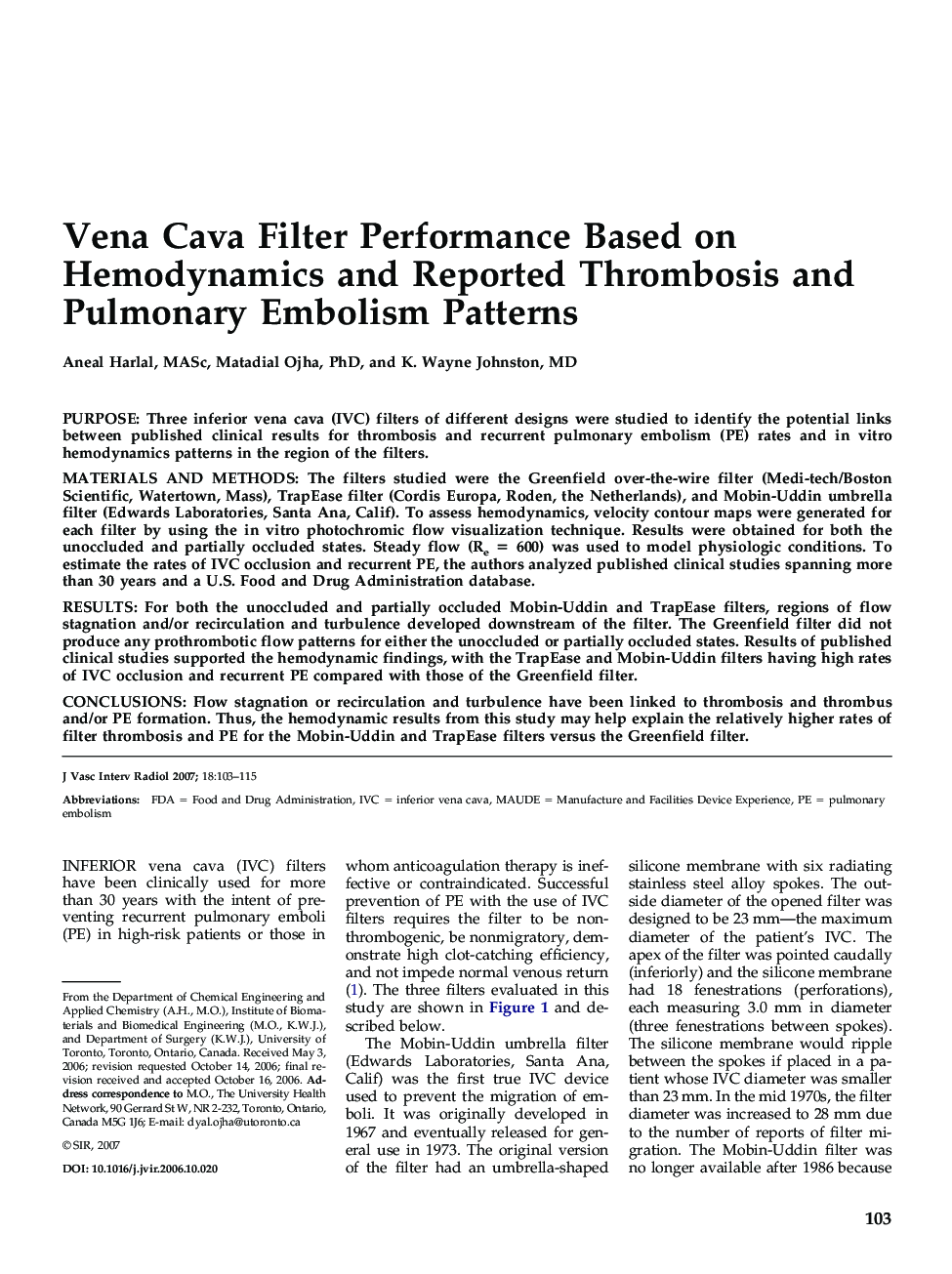 Vena Cava Filter Performance Based on Hemodynamics and Reported Thrombosis and Pulmonary Embolism Patterns