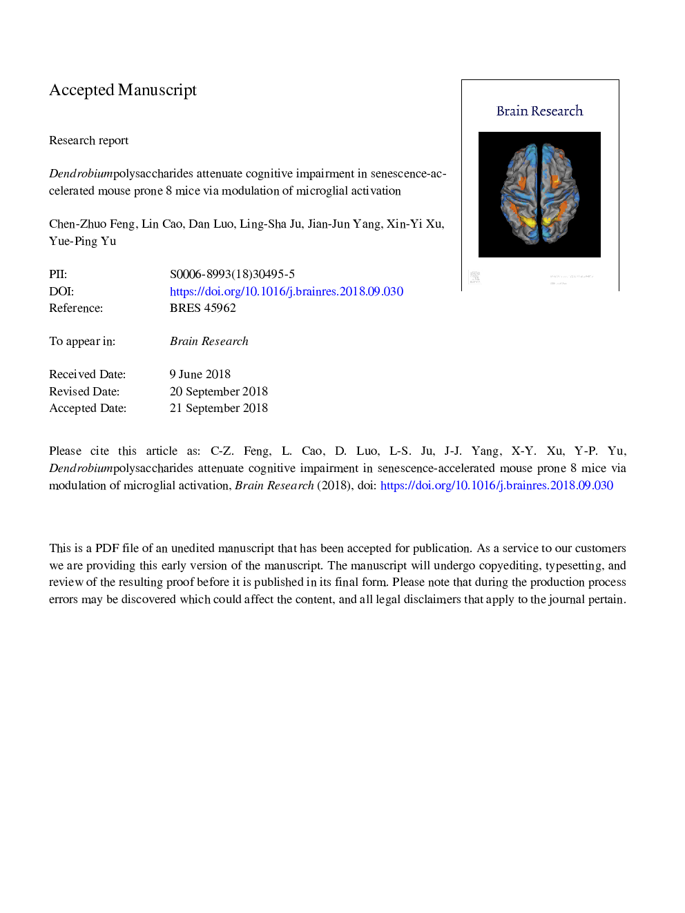 Dendrobium polysaccharides attenuate cognitive impairment in senescence-accelerated mouse prone 8 mice via modulation of microglial activation