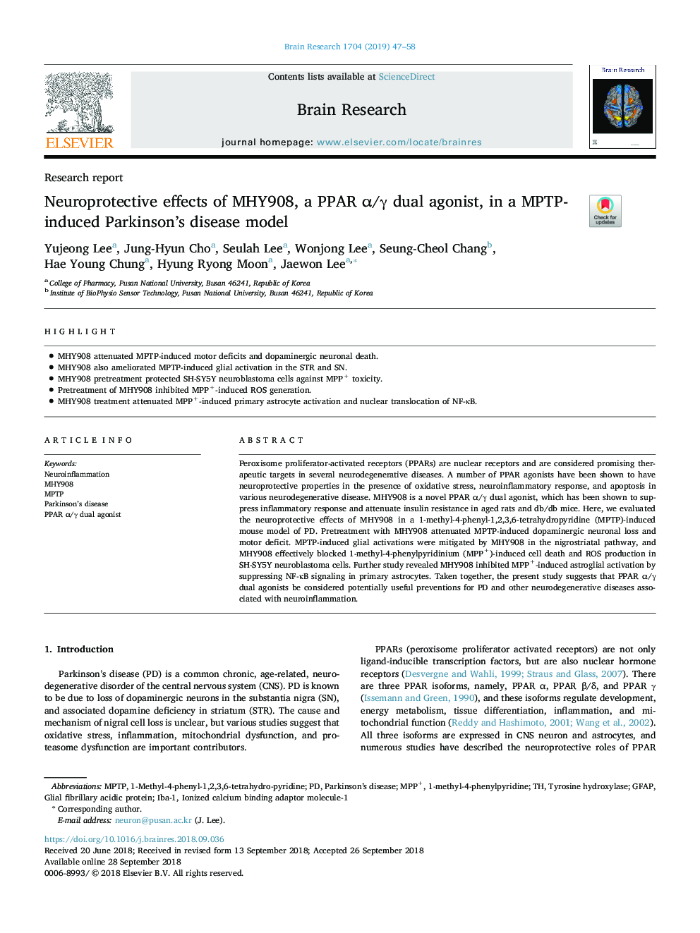 Neuroprotective effects of MHY908, a PPAR Î±/Î³ dual agonist, in a MPTP-induced Parkinson's disease model