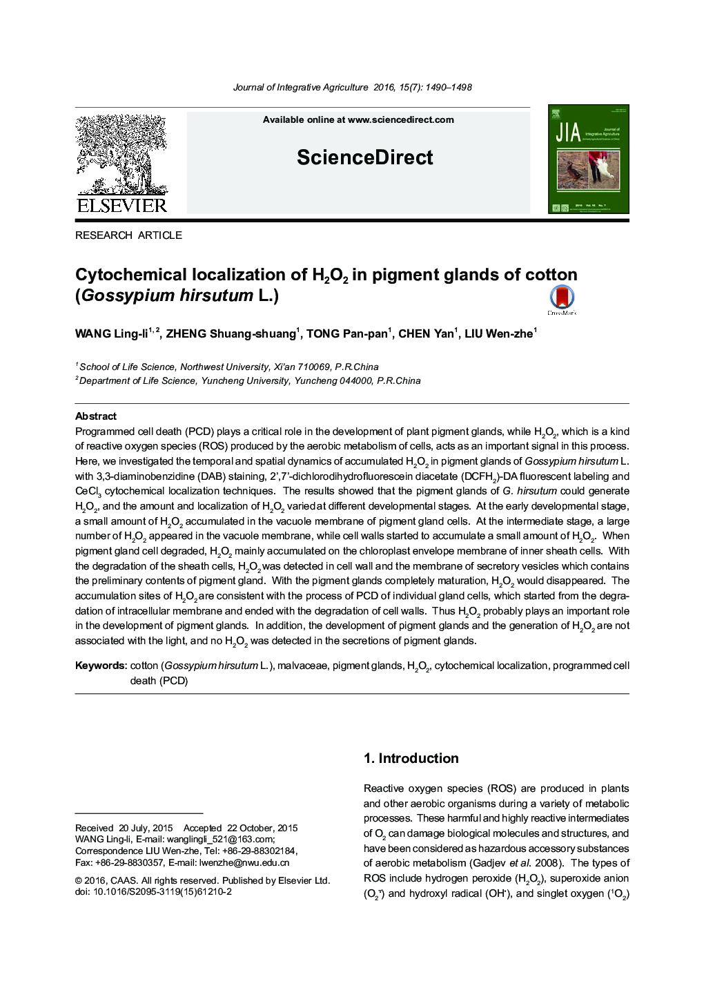 Cytochemical localization of H2O2 in pigment glands of cotton (Gossypium hirsutum L.)