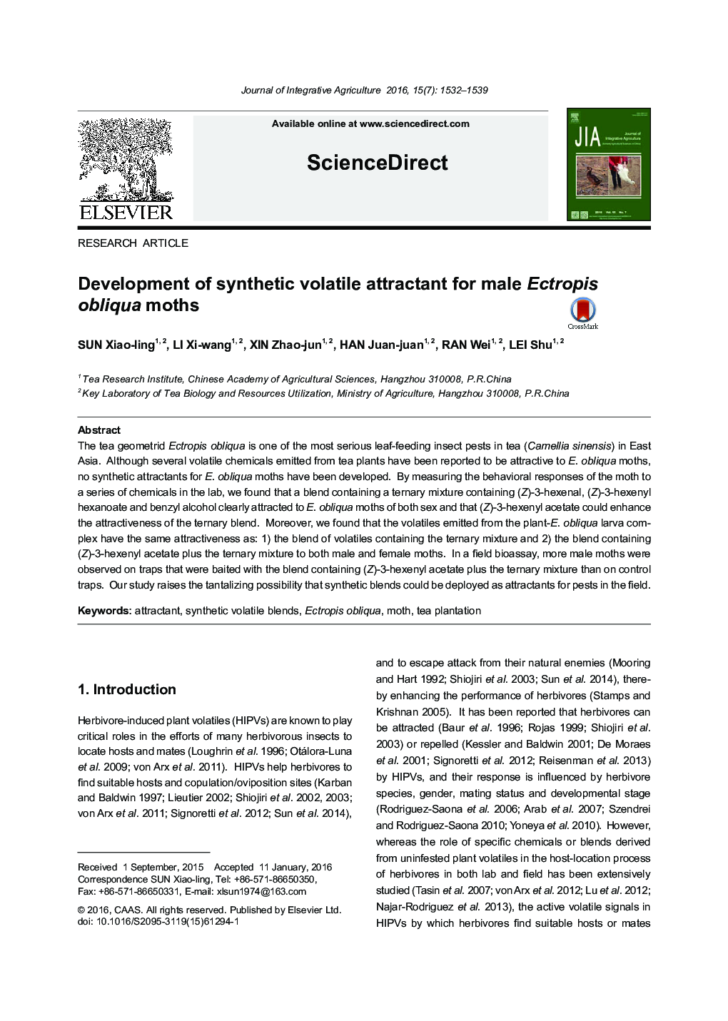 Development of synthetic volatile attractant for male Ectropis obliqua moths