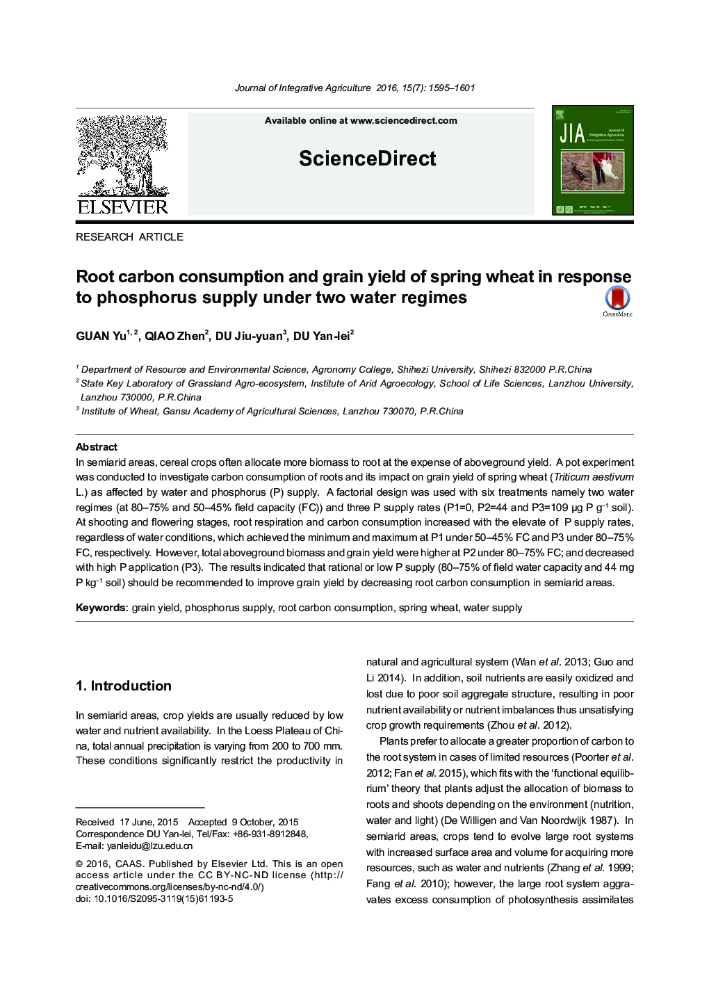 Root carbon consumption and grain yield of spring wheat in response to phosphorus supply under two water regimes