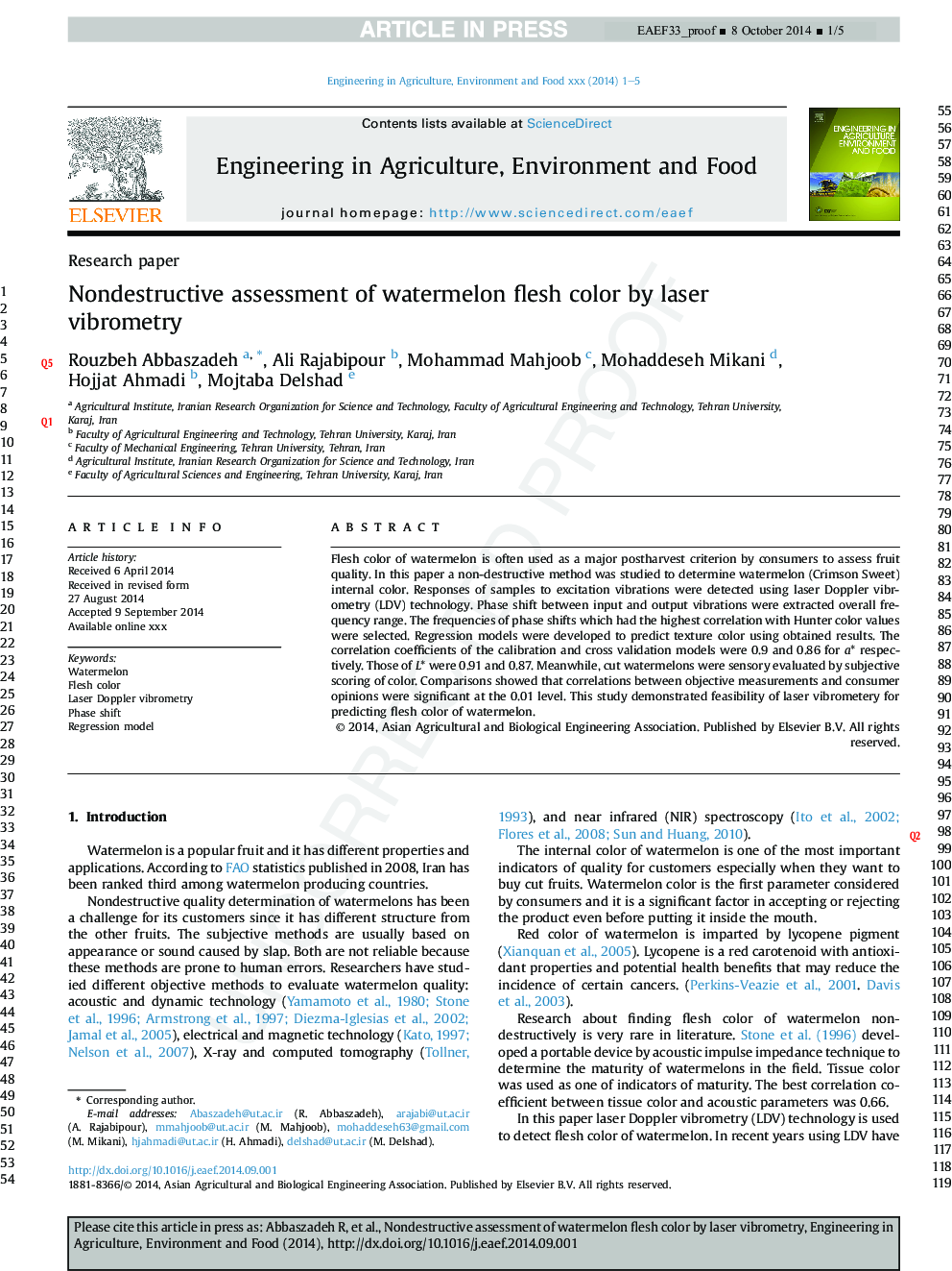 Nondestructive assessment of watermelon flesh color by laser vibrometry