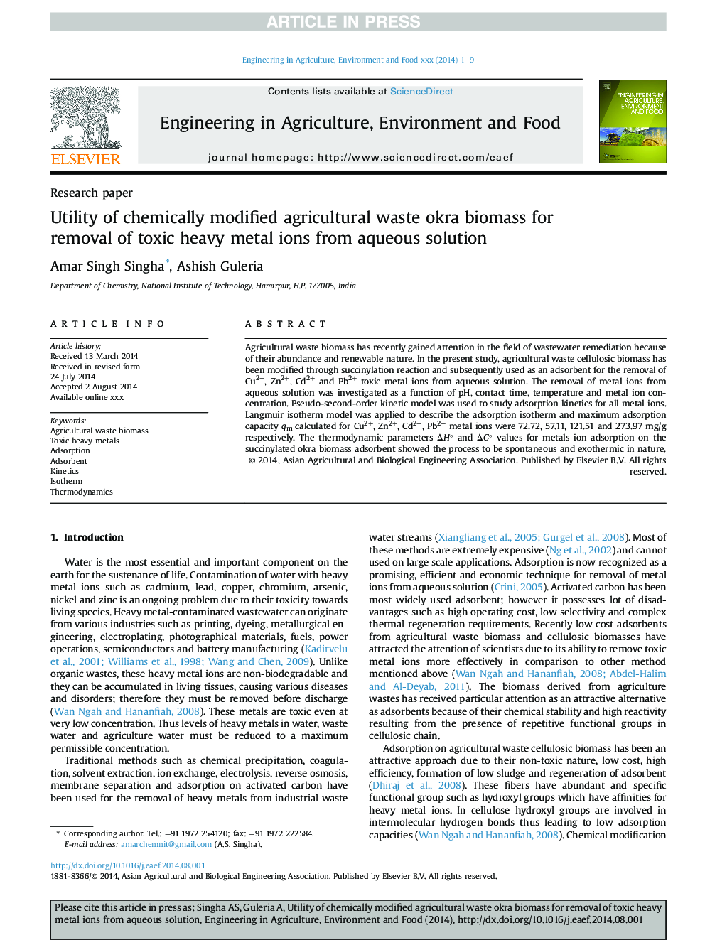 Utility of chemically modified agricultural waste okra biomass for removal of toxic heavy metal ions from aqueous solution