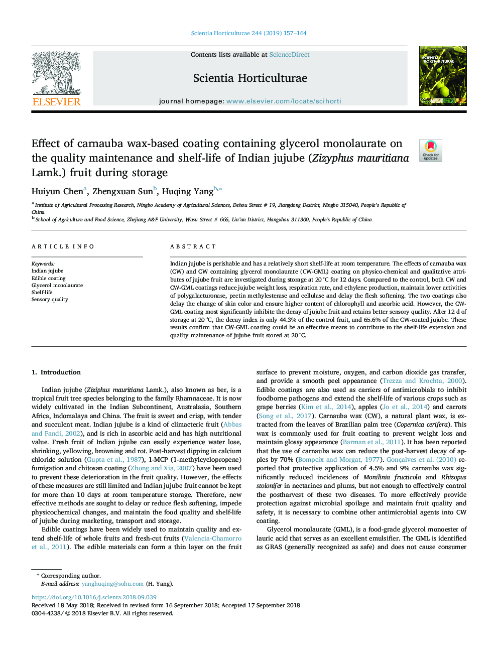 Effect of carnauba wax-based coating containing glycerol monolaurate on the quality maintenance and shelf-life of Indian jujube (Zizyphus mauritiana Lamk.) fruit during storage