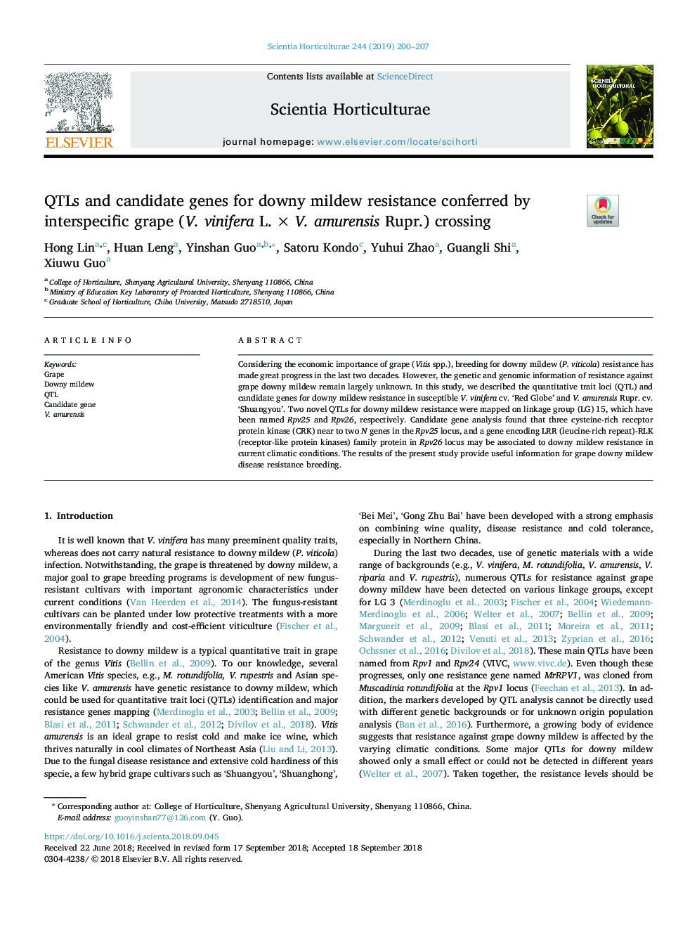 QTLs and candidate genes for downy mildew resistance conferred by interspecific grape (V. vinifera L.âÃâV. amurensis Rupr.) crossing