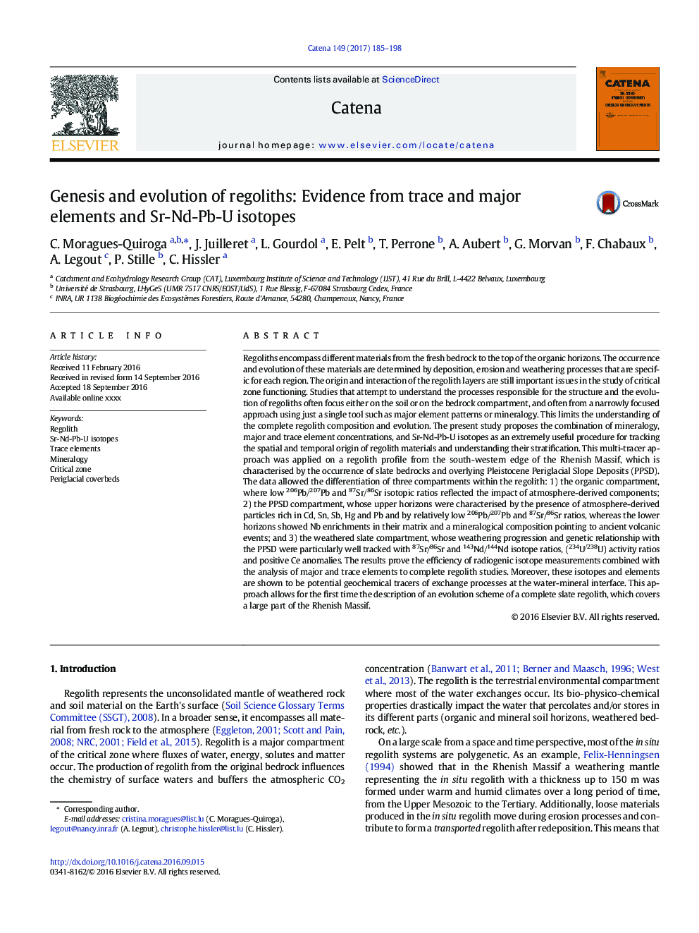 Genesis and evolution of regoliths: Evidence from trace and major elements and Sr-Nd-Pb-U isotopes