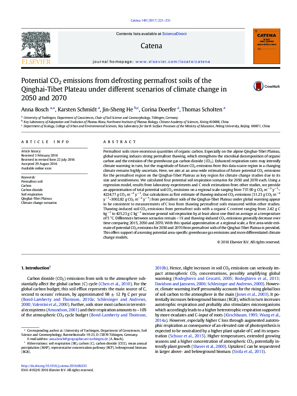 Potential CO2 emissions from defrosting permafrost soils of the Qinghai-Tibet Plateau under different scenarios of climate change in 2050 and 2070