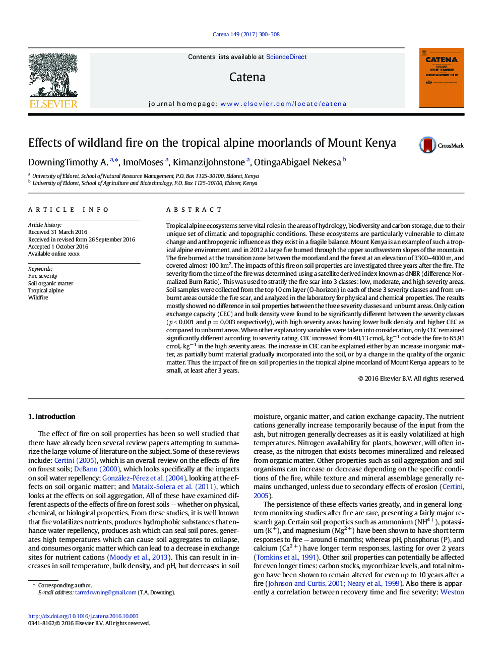 Effects of wildland fire on the tropical alpine moorlands of Mount Kenya