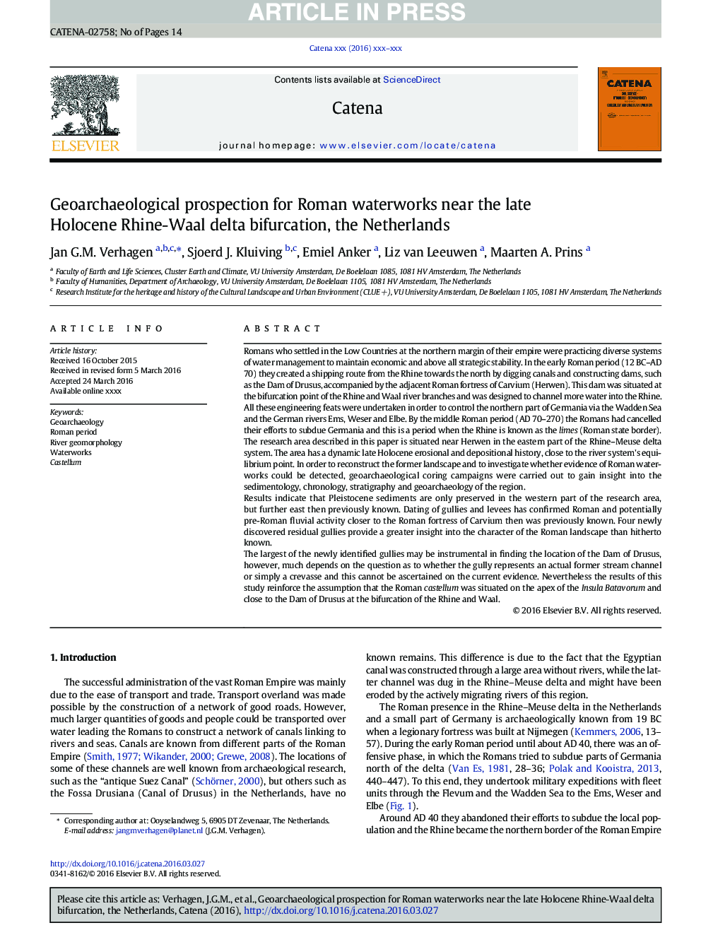 Geoarchaeological prospection for Roman waterworks near the late Holocene Rhine-Waal delta bifurcation, the Netherlands