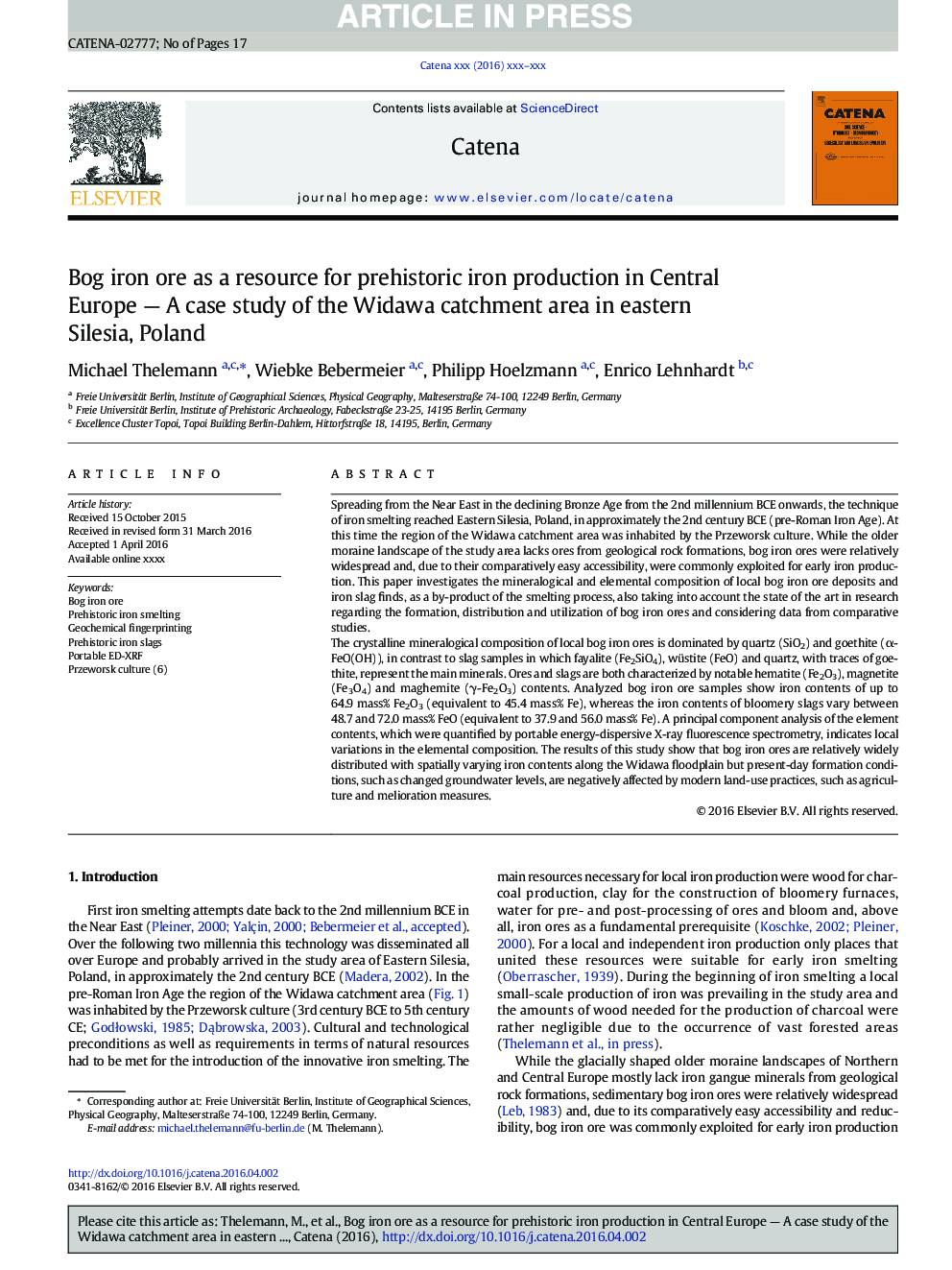 Bog iron ore as a resource for prehistoric iron production in Central Europe - A case study of the Widawa catchment area in eastern Silesia, Poland