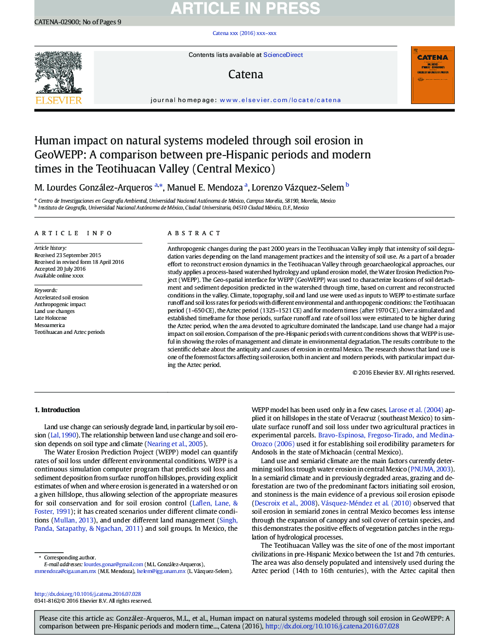 Human impact on natural systems modeled through soil erosion in GeoWEPP: A comparison between pre-Hispanic periods and modern times in the Teotihuacan Valley (Central Mexico)
