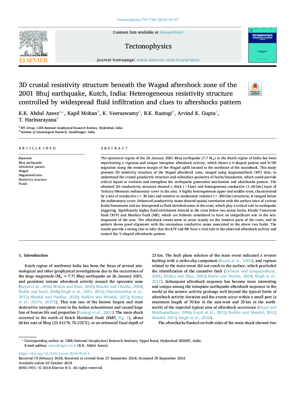 3D crustal resistivity structure beneath the Wagad aftershock zone of the 2001 Bhuj earthquake, Kutch, India: Heterogeneous resistivity structure controlled by widespread fluid infiltration and clues to aftershocks pattern