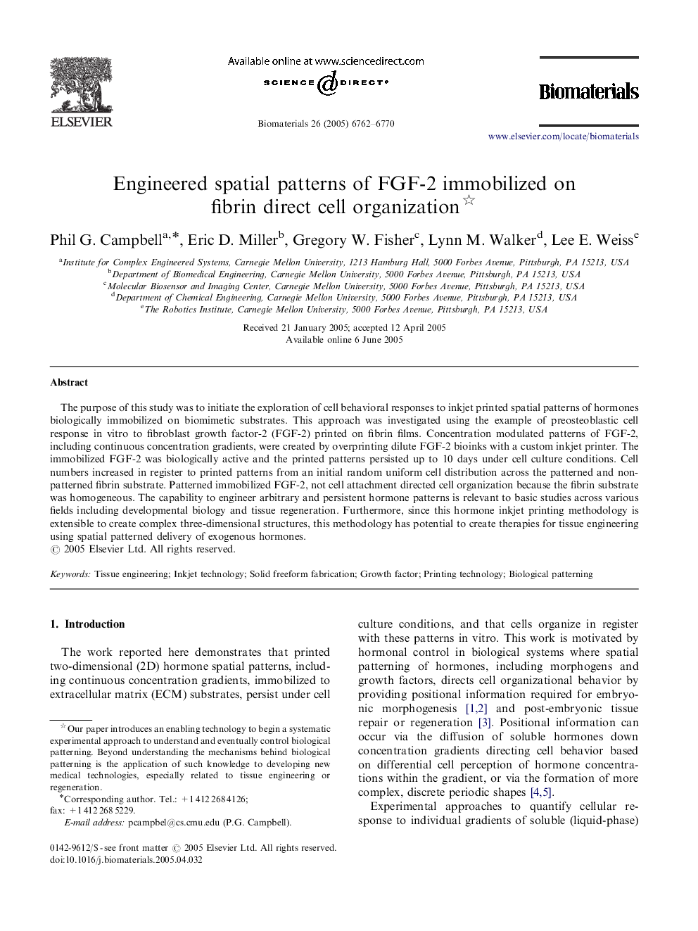 Engineered spatial patterns of FGF-2 immobilized on fibrin direct cell organization 