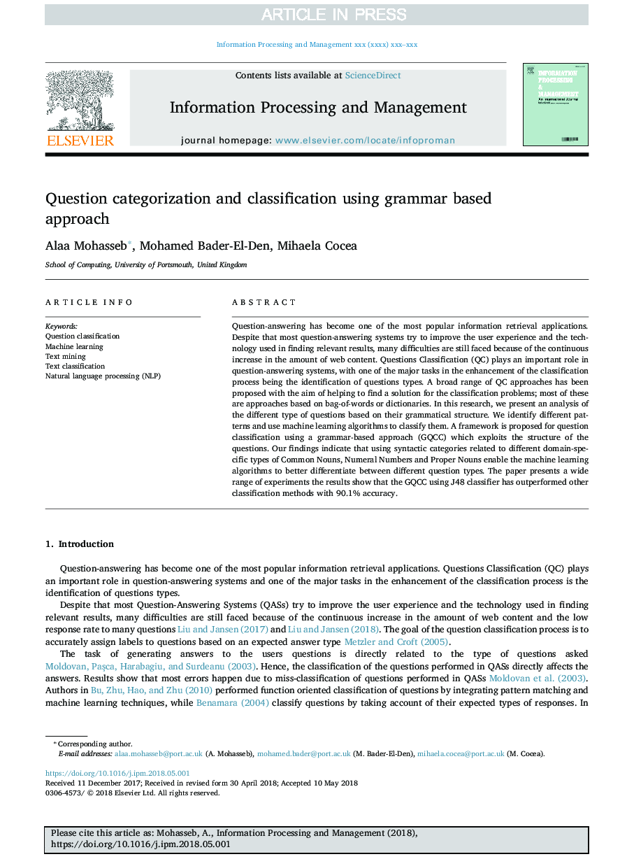 Question categorization and classification using grammar based approach