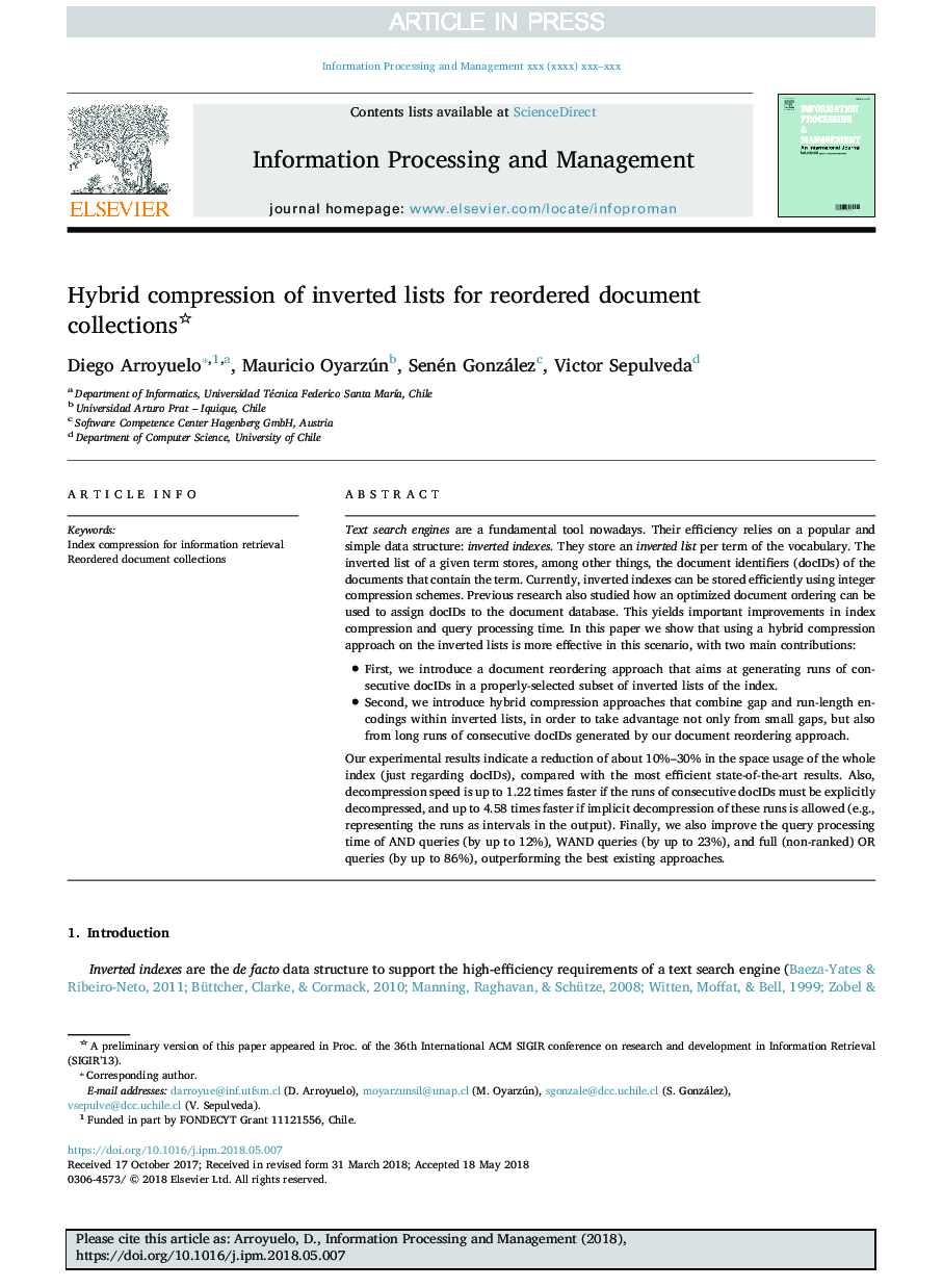 Hybrid compression of inverted lists for reordered document collections