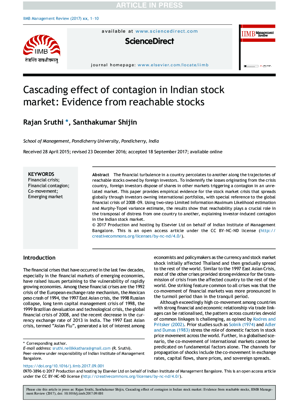 Cascading effect of contagion in Indian stock market: Evidence from reachable stocks