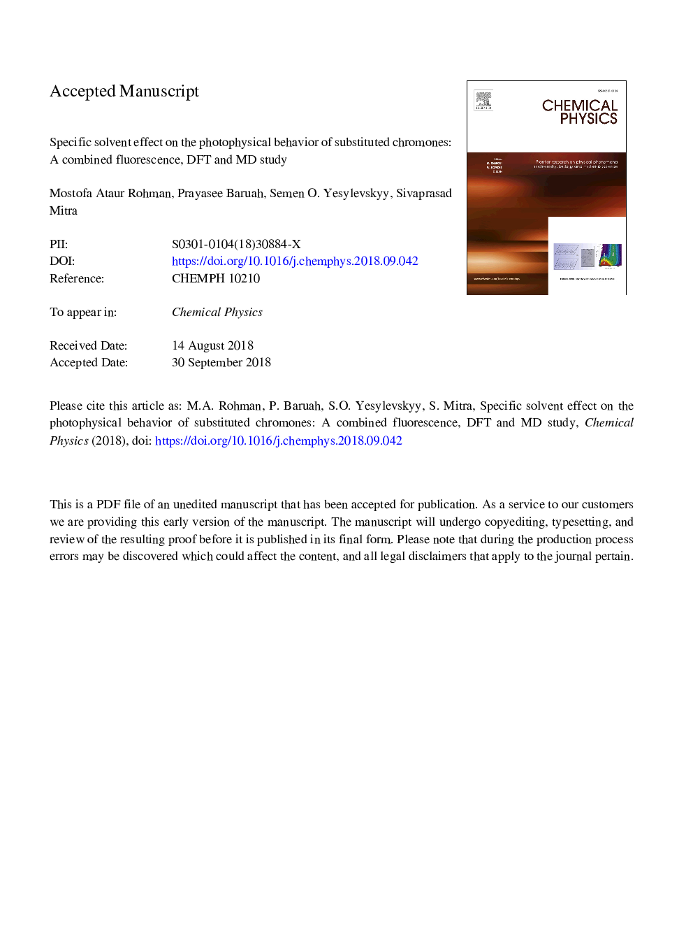 Specific solvent effect on the photophysical behavior of substituted chromones: A combined fluorescence, DFT and MD study