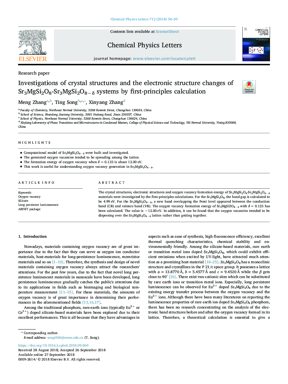 Investigations of crystal structures and the electronic structure changes of Sr3MgSi2O8-Sr3MgSi2O8âÎ´ systems by first-principles calculation