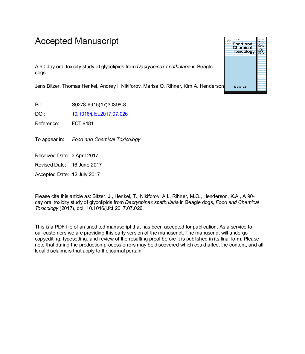 عکس صفحه اول مقاله: A 90-day oral toxicity study of glycolipids from Dacryopinax spathularia in Beagle dogs A 90-day oral toxicity study of glycolipids from Dacryopinax spathularia in Beagle dogs