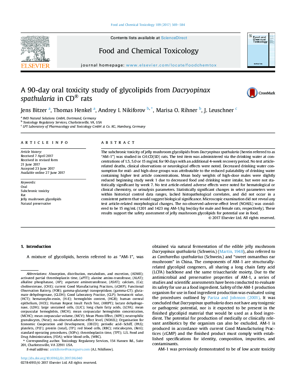 A 90-day oral toxicity study of glycolipids from Dacryopinax spathularia in CD® rats