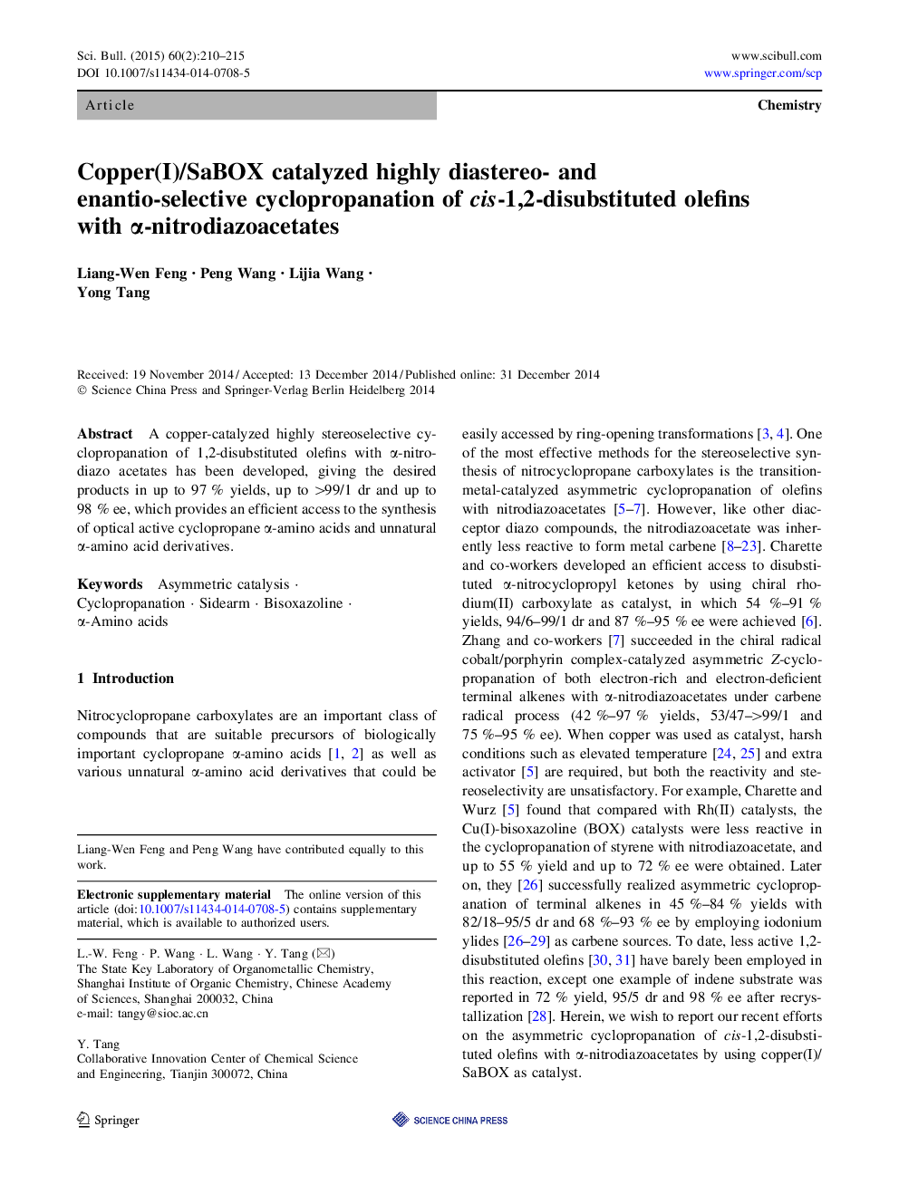 Copper(I)/SaBOX catalyzed highly diastereo- and enantio-selective cyclopropanation of cis-1,2-disubstituted olefins with Î±-nitrodiazoacetates