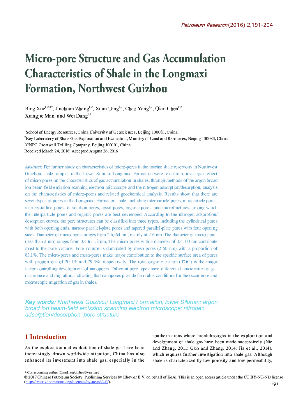 Micro-pore Structure and Gas Accumulation Characteristics of Shale in the Longmaxi Formation, Northwest Guizhou