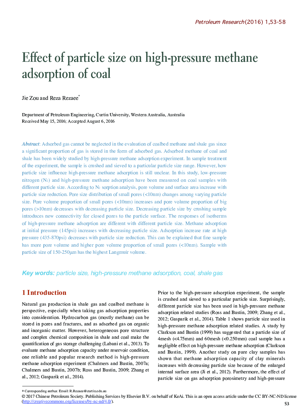 Effect of particle size on high-pressure methane adsorption of coal