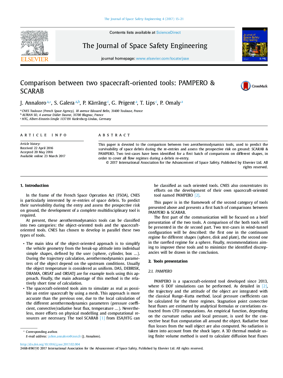 عکس صفحه اول مقاله: Comparison between two spacecraft-oriented tools: PAMPERO & SCARAB Comparison between two spacecraft-oriented tools: PAMPERO & SCARAB