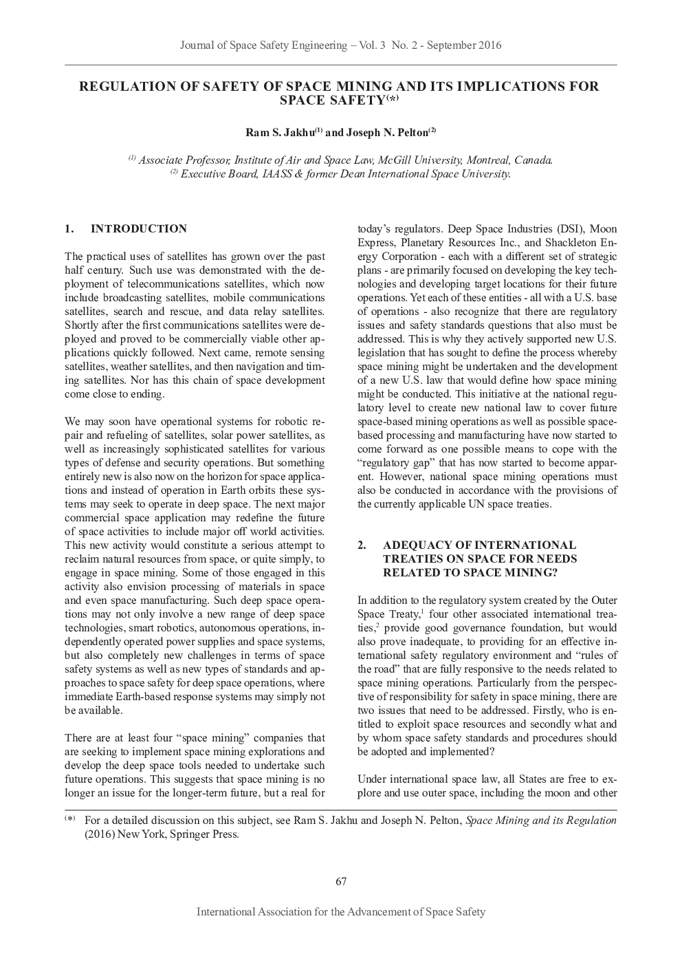 Regulation of Safety of Space Mining and its Implications for Space Safety(*)