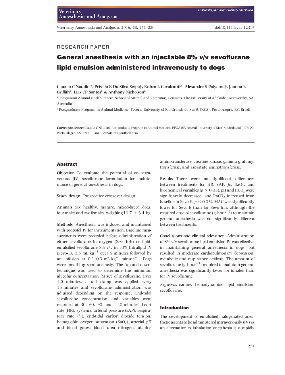 General anesthesia with an injectable 8% v/v sevoflurane lipid emulsion administered intravenously to dogs