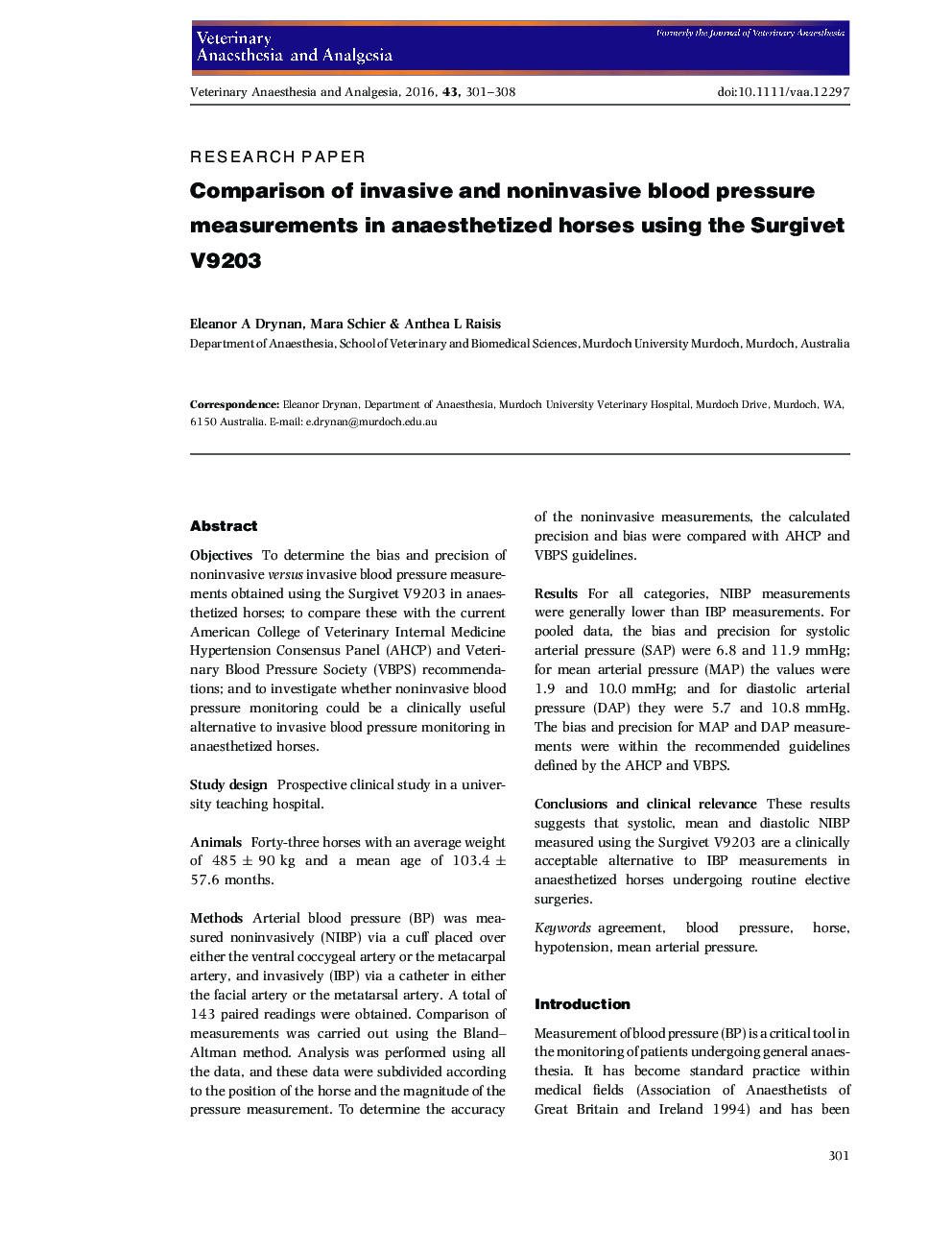 Comparison of invasive and noninvasive blood pressure measurements in anaesthetized horses using the Surgivet V9203